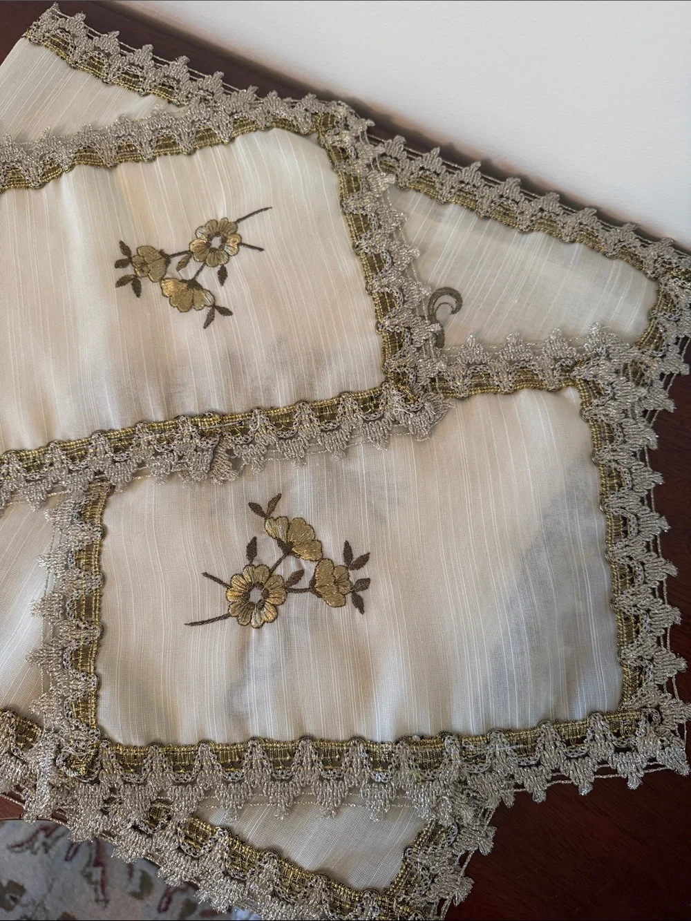 Vintage Embroidered Cream Table Runner with Gold Floral Trim and 2 Table Topper